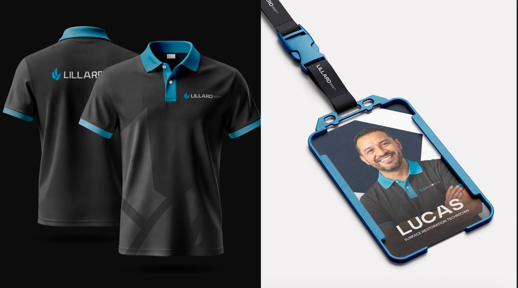 Lillard Restoration branded polos and employee ID badge
